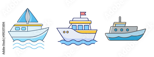 Illustration of various types of boats and ships sailing on the water for nautical designs