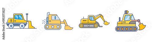Vector illustration of construction vehicles: excavators, bulldozers, loaders, and diggers for design
