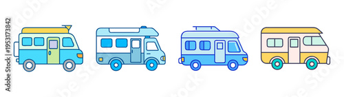 Illustration of vintage camper vans and travel buses for road trip and summer vacation design