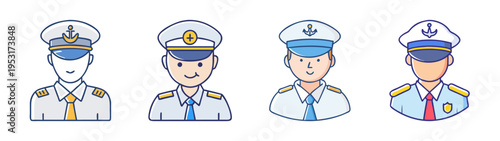 Cartoon collection of ship captain avatars in uniform with hats and ties for nautical design