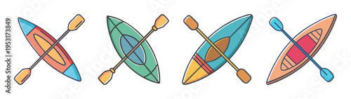 Colorful kayaking adventure illustration featuring kayaks and paddles for outdoor recreation fun and sport