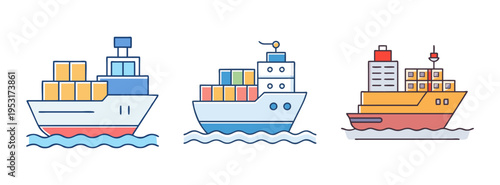 Cargo ship vector illustration set of maritime transport vessel for global trade and logistics