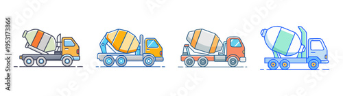 Cement mixer trucks vector illustration set construction vehicles transport machinery equipment design