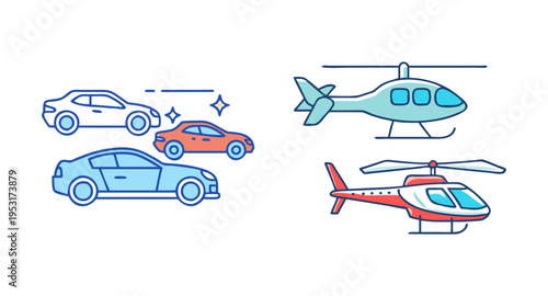 Transportation vehicles illustration featuring cars and helicopters for travel and commuting needs