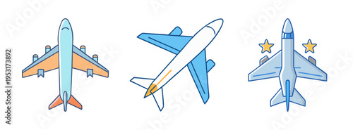 Airplane vector illustration set featuring commercial planes and fighter jets for travel industry