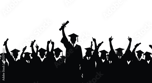 A large group of silhouetted graduates in caps and gowns celebrates with raised arms and a diploma against a white background.
