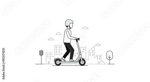 A person wearing a helmet rides an electric scooter along a city street with minimalist buildings in the background.