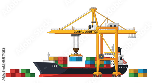 A large yellow gantry crane loads a blue shipping container onto a dark cargo ship with a red hull.