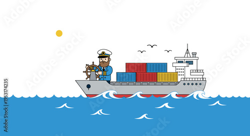 A bearded ship captain steers a grey cargo ship with colorful containers through choppy blue waters under a yellow sun.