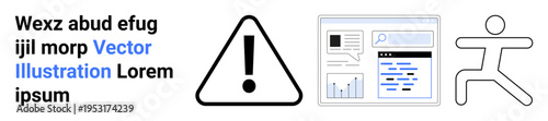 Safety alerts, data analytics, user interface, online security, navigation design, warning systems. Bold exclamation mark, website layout figure in motion. Safety alerts and data analytics concept