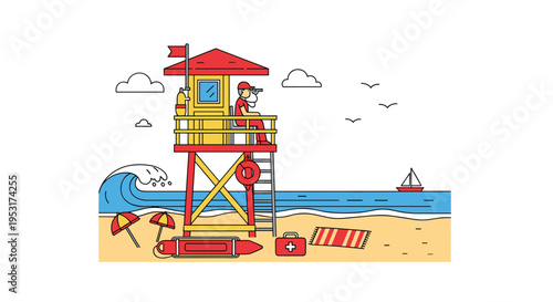 A male lifeguard sits in a red and yellow tower on a sandy beach, scanning the ocean with binoculars.