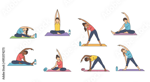 Eight diverse individuals are performing various yoga poses on colorful mats, with water bottles or towels beside some, against a white background.