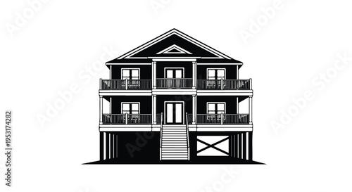 Detailed architectural drawing of a multi-story house with balconies and a garage on a white background.