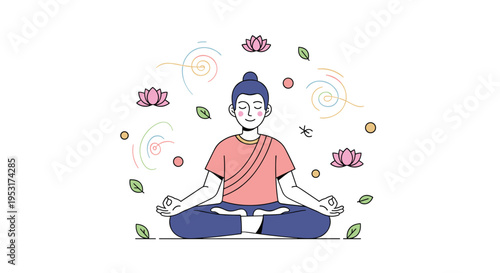 A person with a top knot, wearing a pink shirt and blue pants, sits in a lotus meditation pose surrounded by floating lotus flowers, leaves, and colorful swirls.