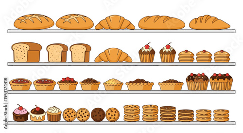 Four shelves are filled with a diverse assortment of baked goods, including bread, croissants, cupcakes, pies, and cookies.