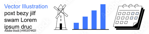 Renewable energy, data analysis, agriculture, business growth, scheduling, productivity. Minimalist windmill, bar graph calendar icons in a clean layout. Renewable energy and data analysis concepts
