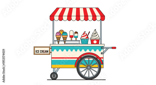 A colorful ice cream cart with a striped awning displays various frozen treats and an ICE CREAM sign.