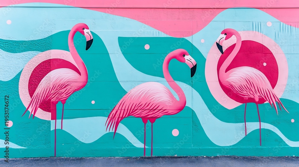Obraz premium Vibrant pink flamingo mural on turquoise brick wall with abstract wave and circle patterns, artistic design