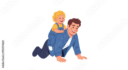 A smiling father gives his joyful young son a piggyback ride on his back on a plain white background.