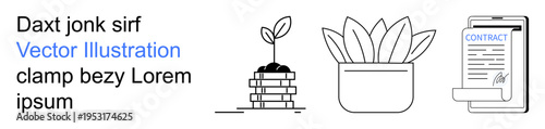 Business growth, eco-friendly practices, legal documents, personal productivity, green investment, office culture. Line art plant atop stacks, potted leaves and a signed contract. Business growth