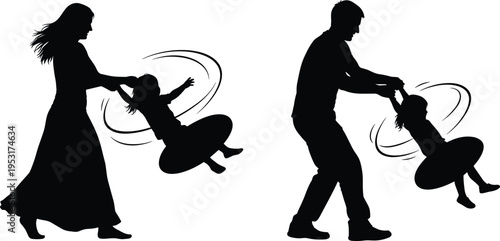 Parents swinging child silhouette showing joyful family bonding playful moment love care parenting happiness together outdoor activity