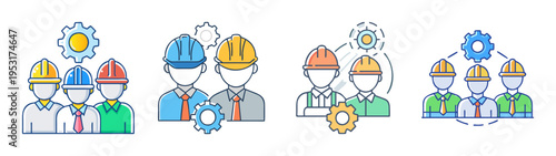 Engineer team construction workers industry professionals teamwork collaboration and gears design vector