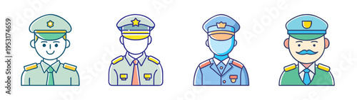 Cartoon military officers vector illustration featuring army navy air force and police officers in uniform cartoon style
