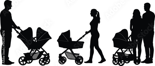 Parents, walking, with, baby, stroller, silhouettes, family, parenting, newborn, pram, mother, father, childcare, outdoor, lifestyle, people, black, isolated, illustration, concept