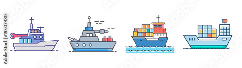 Different types of ships and boats illustration for maritime transport and shipping industry design