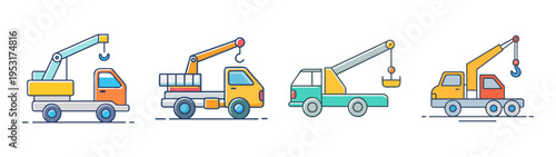 Colorful crane truck vector illustration set construction vehicle equipment industrial design icons art