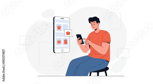 Man using smartphone for online shopping, browsing products on mobile app, e-commerce concept