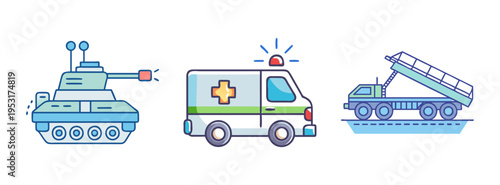 Cartoon military vehicles clip art: vector illustration of tank, ambulance, and missile launcher