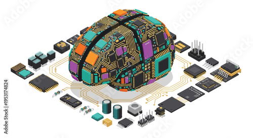 An isometric circuit board brain is surrounded by numerous electronic components on a white background with connecting traces.