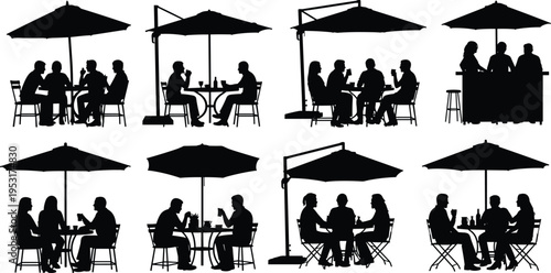 People sitting at cafe restaurant table silhouette collection outdoor dining friends drinking coffee talking social gathering illustration