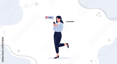Woman using smartphone, receiving likes and comments on social media, modern flat illustration
