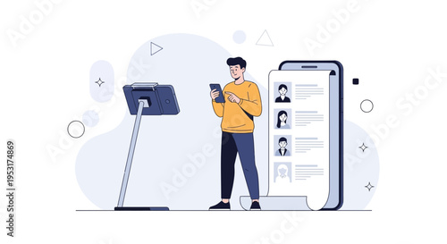 Man Using Smartphone Near Digital Display and Candidate List