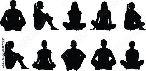 People sitting cross legged silhouettes set, men and women relaxed sitting poses meditation or casual lifestyle vector illustration
