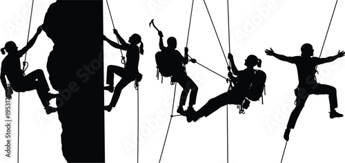 Rock climbing silhouettes set with climbers rappelling and ascending on rope extreme outdoor adventure sport vector illustration