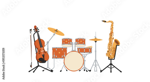 A brown violin, an orange drum kit with cymbals, and a golden saxophone are arranged together on a plain white background.