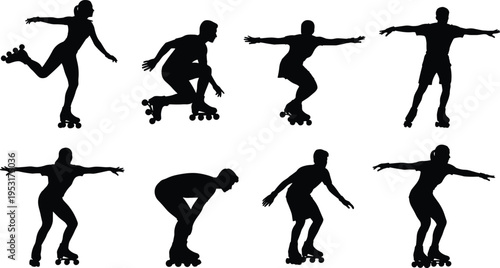 Roller skating people silhouettes set, men and women skating poses, roller skate sport activity collection vector illustration