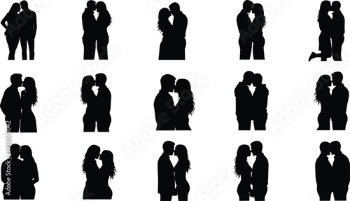 Romantic couple kissing silhouette collection love relationship hugging lovers passion valentine romance isolated black illustration set