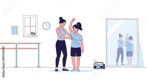 A female ballet instructor guides a young girl's arm movements in a studio with a mirror, barre, and boombox visible in the background.