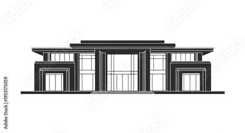 Architectural drawing of a modern building with large windows and symmetrical design against a white background.