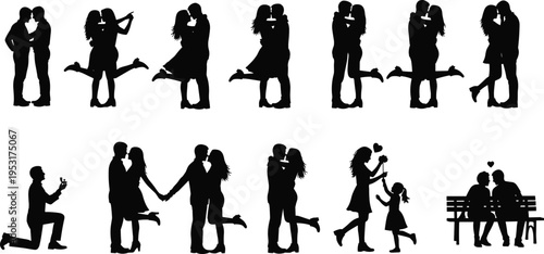 Romantic couple love proposal silhouette collection kissing hugging relationship valentine romance engagement isolated black illustration set