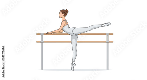 A graceful ballerina in a light grey leotard and pointe shoes practices an arabesque at a wooden barre on a plain white background.