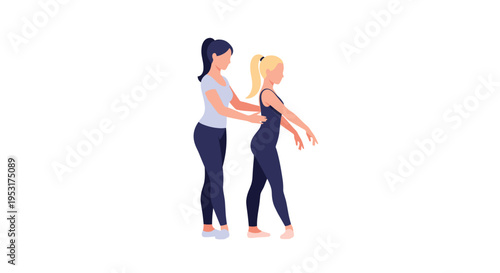 A female ballet teacher in a light blue top guides a young blonde girl in a black leotard, adjusting her posture from behind on a white background.