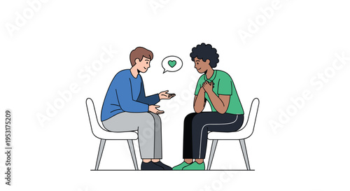 Two individuals sit on chairs, one speaking with gestures and the other listening with hands over heart.