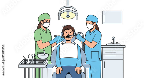 A male patient in a dental chair is examined by two female dental professionals in a clinic.