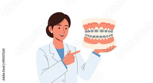 A female orthodontist in a white lab coat points to a dental model with braces.
