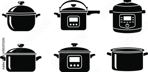 Black and white cooking pot and kitchen appliance icons set, including stockpots, pressure cookers, slow cookers, and multi‑cookers, designed for culinary, kitchenware, and cooking themes.